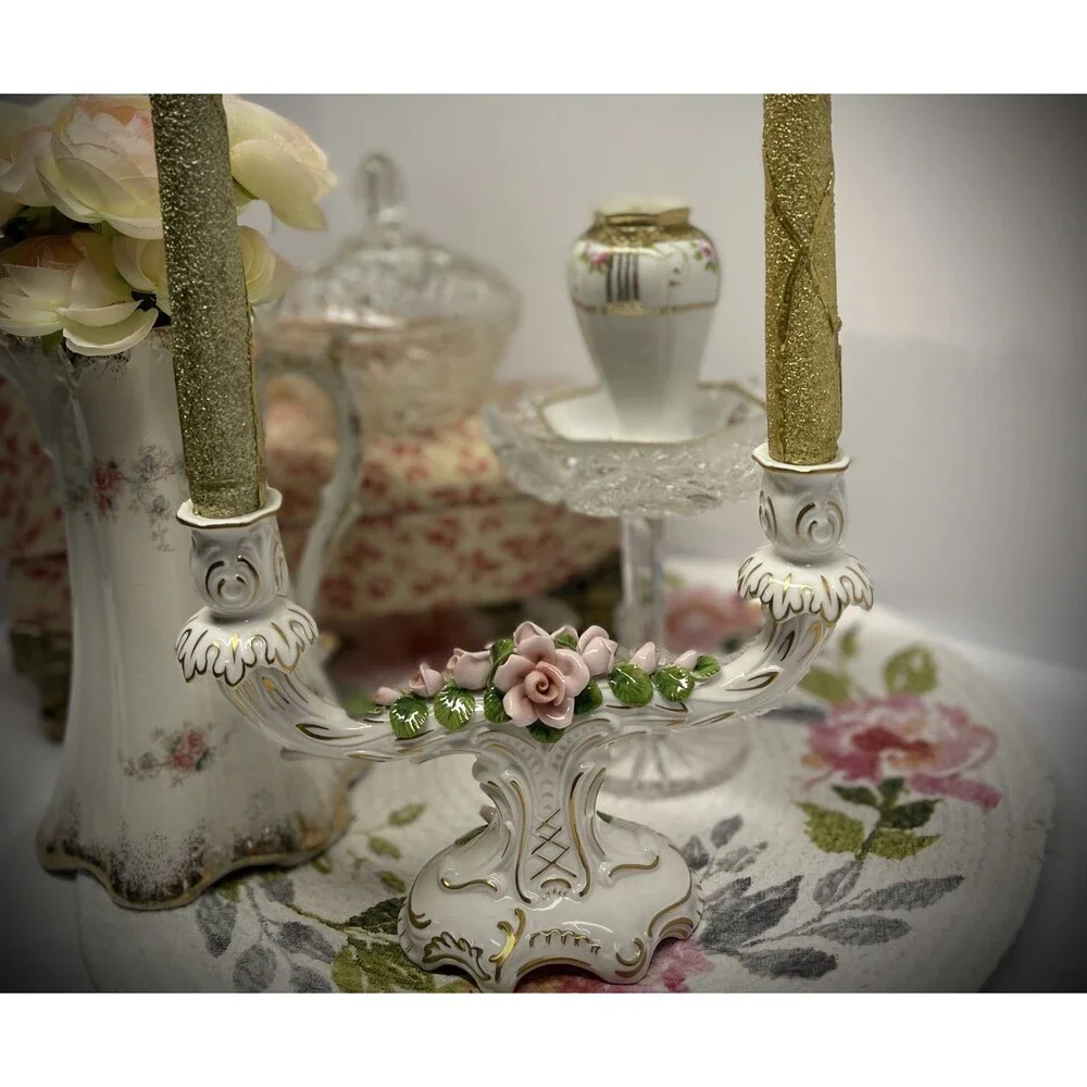 Vintage AK W. Germany Double Porcelain Candle Holder 700–Pink Rose Dresden Style